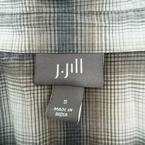 J. Jill Women's Small Tan Brown Plaid Button Up Shirt Blouse V neck Long Sleeves - Picture 4 of 10